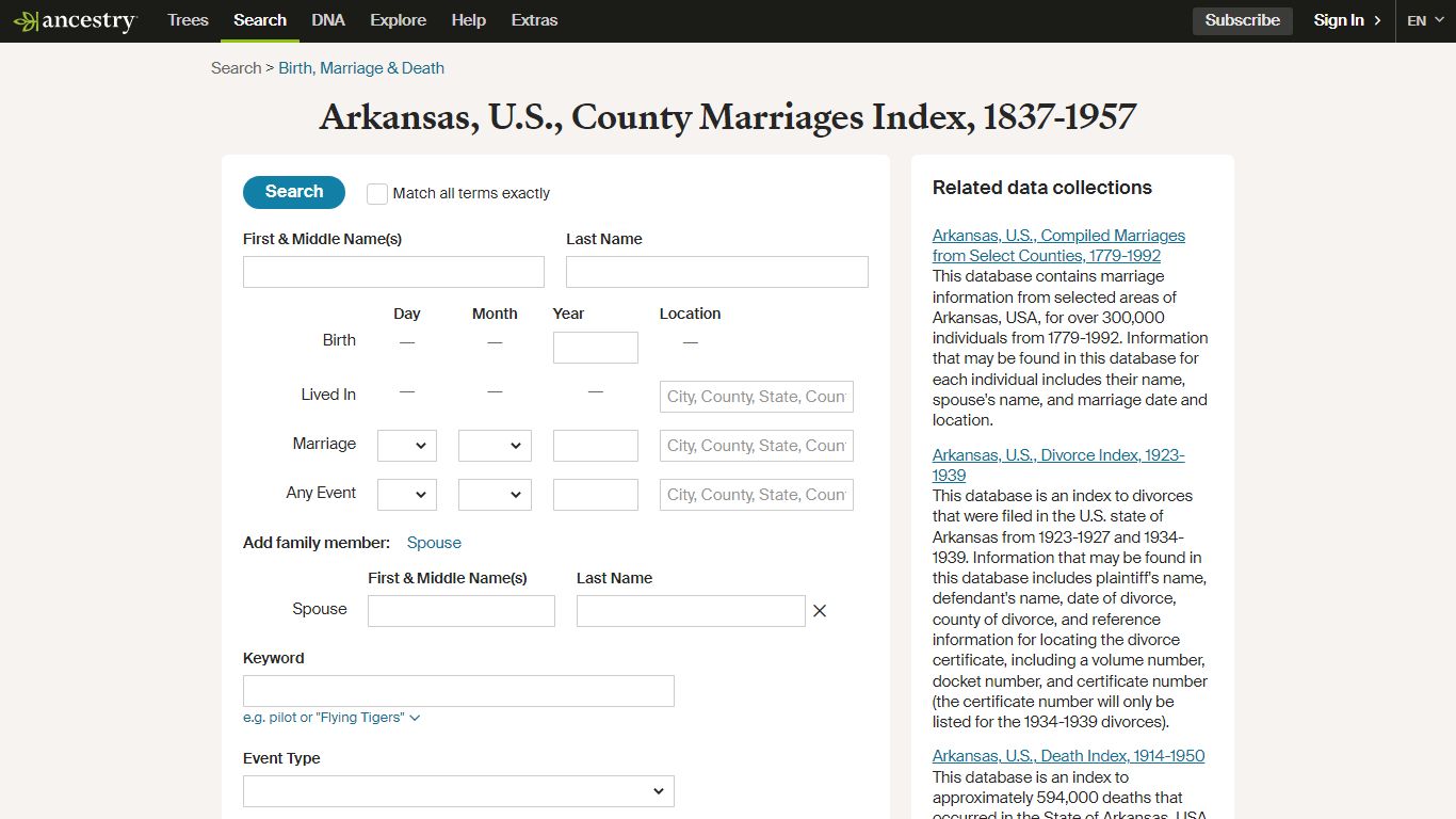 Arkansas, U.S., County Marriages Index, 1837-1957